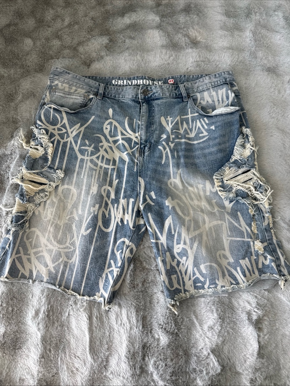 Grindhouse Distressed Blue Denim Graffiti Shorts-0372